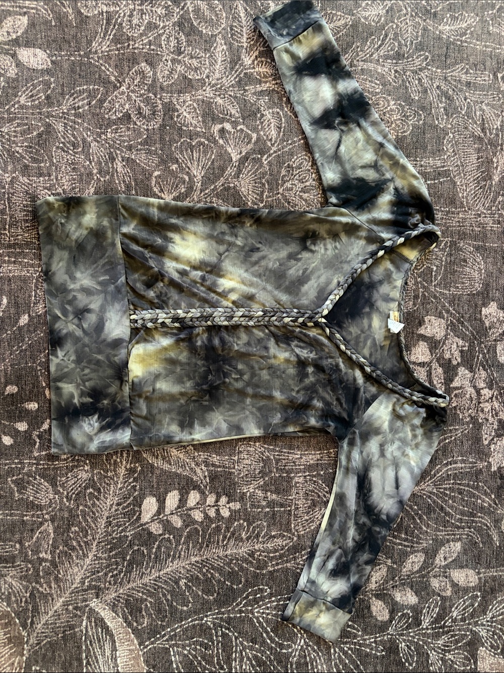Women’s Tie-Dye V-Neck Blouse with Braided Trim - Olive/Black